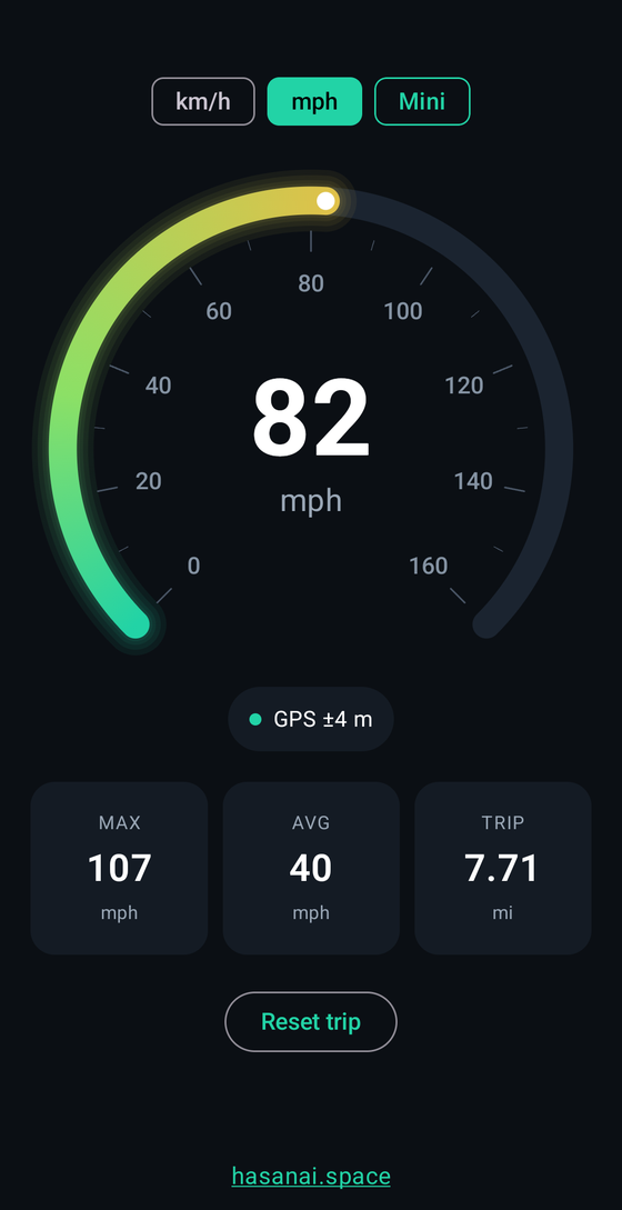The same screen in mph: 82 mph with max 107, average 40 and trip 7.71 mi